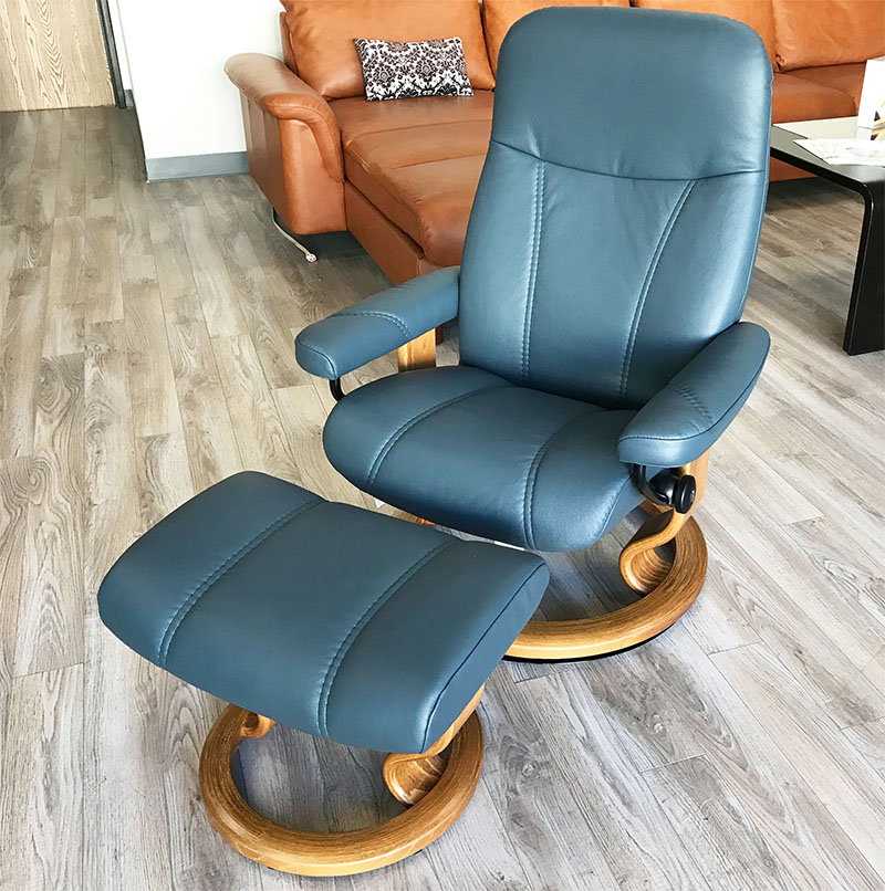 Stressless Consul Recliner Chair and Ottoman Batick Atlantic Blue Leather by Ekornes