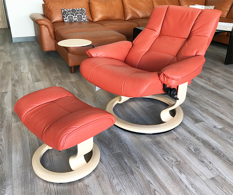 Stressless Kensington Paloma Henna Leather Recliner Chair and Ottoman with Natural Wood by Ekornes