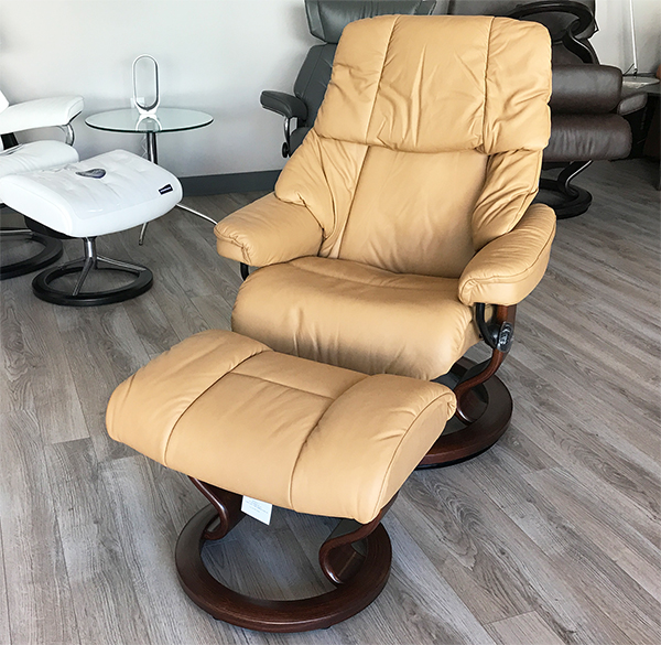 Stressless Reno Paloma Pearl Leather Recliner Chair and Ottoman by Ekornes