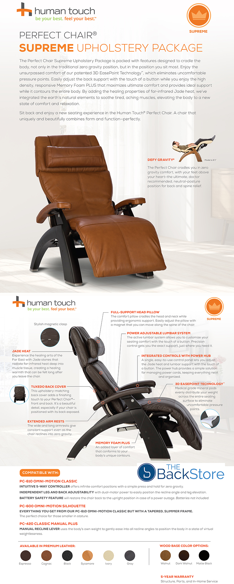 Human Touch Perfect Chair Zero Gravity Recliner with Supreme Upholstery Package