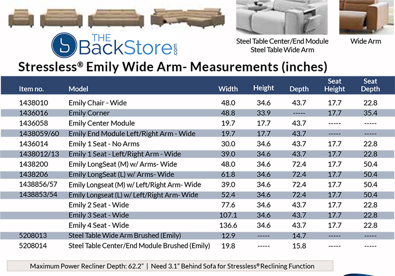 Stressless Emily Wide Arm Chair, Loveseat, Sofa, Sectional Dimensions